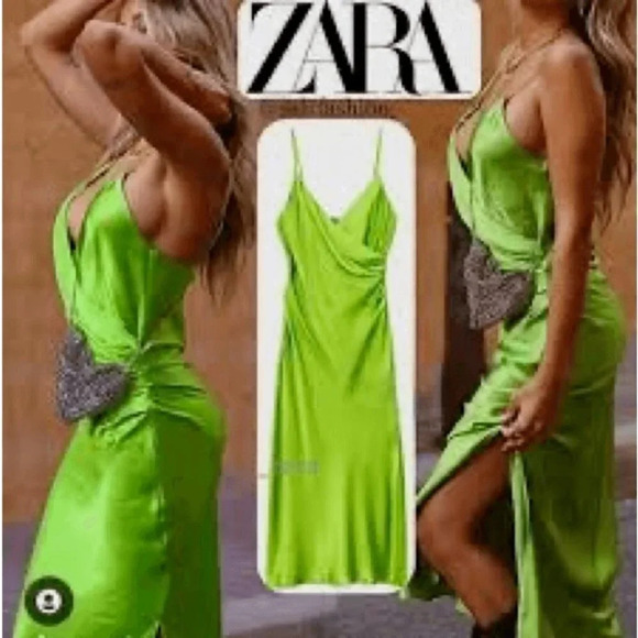 Zara Silky Satin Effect Surplus Midi Dress  Bright Green Blogger Fav Sz Small - Picture 6 of 12